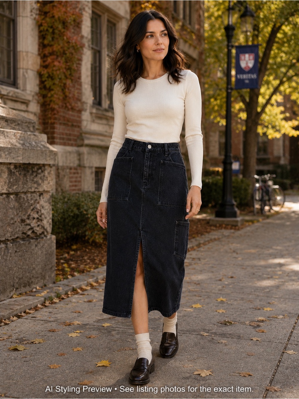 Lelis Collection L Dark Indigo Denim Midi Skirt Utility Pockets Front Slit